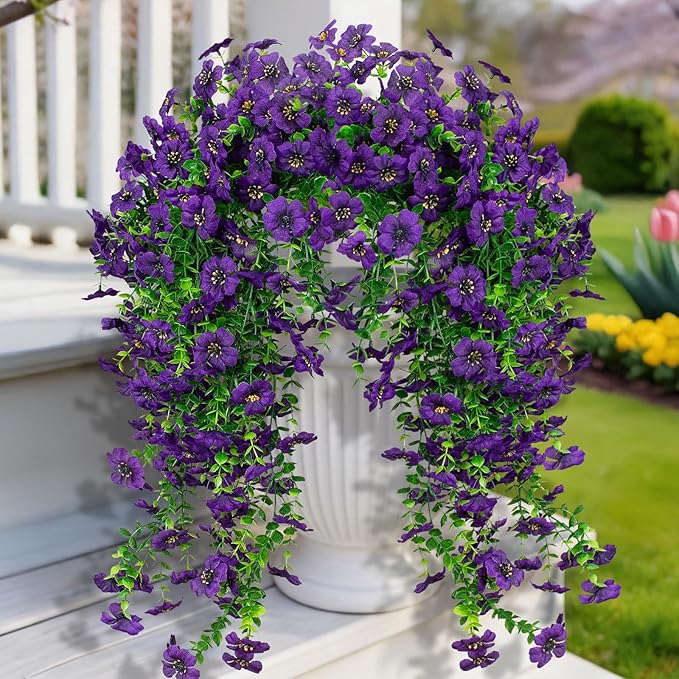 LikSoor 4 Pcs Artificial Outdoor Hanging Plants Spring Summer Decoration UV Resistant Faux Silk Flowers for Outside, Garden, Porch, Window, Home Decor (Purple+)