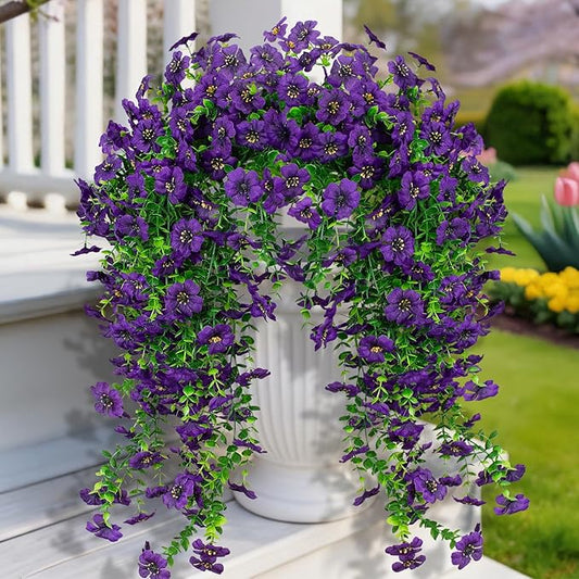 LikSoor 4 Pcs Artificial Outdoor Hanging Plants Spring Summer Decoration UV Resistant Faux Silk Flowers for Outside, Garden, Porch, Window, Home Decor (Purple+)