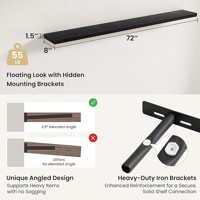 Fun Memories Floating Shelves for Wall, Rustic Wood Wall Mounted Shelves for Bathroom, Bedroom, Living Room & Kitchen, Storage Display Shelves, (Set of 2, Black, 72 in)