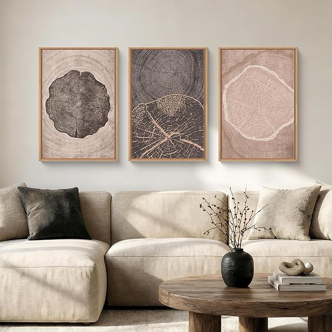 HOURIA Neutral Brown Tree Rings Framed Canvas Wall Art Set,Vintage Abstract Dark Gray Wood Stump Wall Decor,Modern Minimalist Wood Grain Slice Artwork for Living Room,Bedroom,Farmhouse- 24"x36"x3