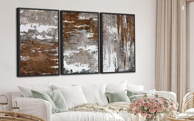 Large Framed Canvas Wall Art - Rustic Brown and White Abstract Pictures for Living Room Aesthetic Vintage Wall Decor Retro Prints for Bedroom Dinning Room Black Float Framed 20" X 28" X 3 pcs