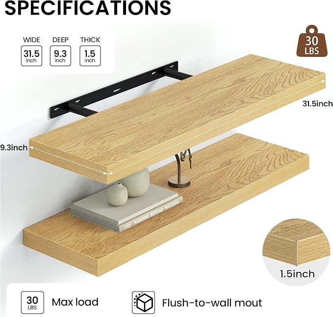 Heimlove 32 Inch Floating Shelves for Wall,Oak 9.3" Deep Floating Shelf Set of 2,Wall Mounted Shelves for Bathroom Bedroom Living Room Kitchen Office,Shelf for Books Storage Room,Home Decor