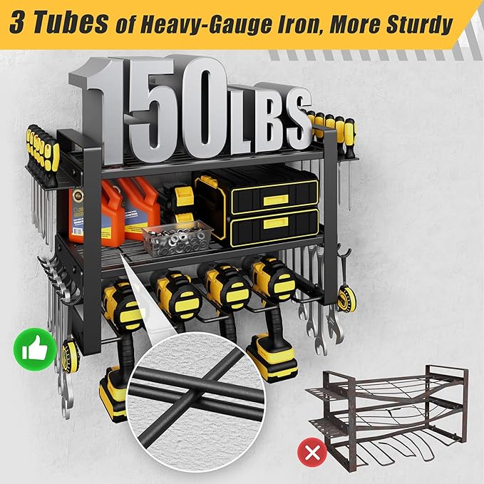 Jusgym Power Tool Organizer Wall Mount |150lbs Garage Storage Rack with 4 Cordless Drill Holder |3-Tier Heavy Duty Tool Storage Rack for Garage Organization |Gift for Men