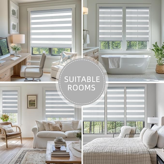 ChrisDowa Cordless Zebra Blinds for Windows, Dual Layer Free-Stop Light Filtering Window Roller Shades, Pull Down Privacy Zebra Shades for Home, Office, Bedroom, Door (49" W x 72" H, Light Grey)