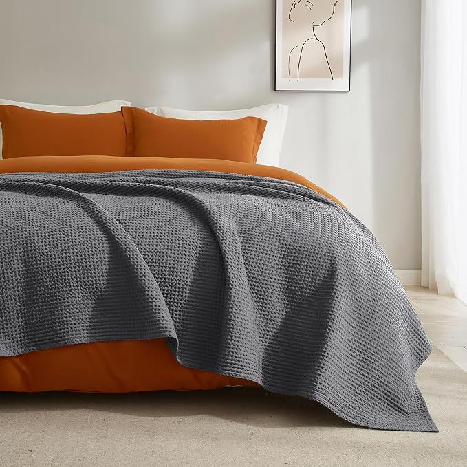 PHF Pre-Washed 100% Cotton Waffle Weave Blanket King Size for Bed,Snag Proof Throw Blanket for Couch Spring Summer Lightweight Breathable,Machine Washable, Home Decor Gift - Charcoal