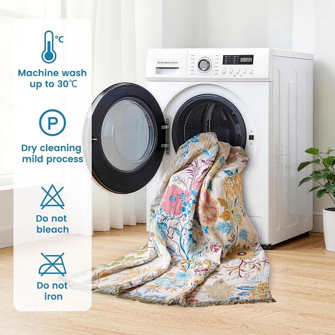 MSGKV Boho Throw Blanket for Couch Cotton Floral Blanket 50"x60" Throws for Sofa Chair Muslin Summer Breathable Lightweight Farmhouse Blankets Home Decor All Seasons