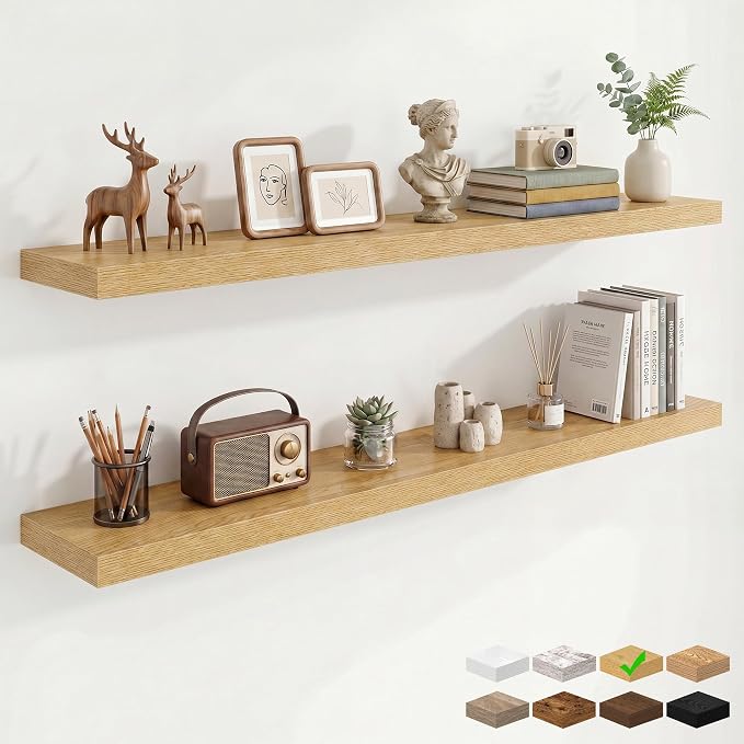 Marsmiles 55in Floating Shelves for Wall, 55" W x 9.25" D x 1.5" H, Long Wall Mounted Engineered Wood Shelves with Invisible Brackets for Living Room, Bedroom, Bathroom, Kitchen, Oak, 2Pcs