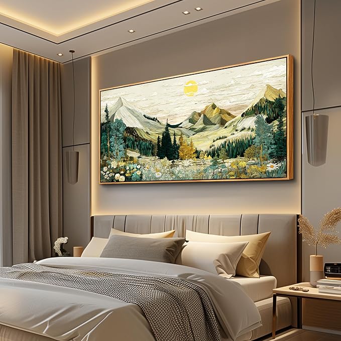 XIGUANGART Mountain Framed Wall Art,Large Canvas Wall Art - Floral Abstract Painting Decor, Vintage Flower Pictures,Modern Farmhouse Landscape Art Prints for Living Room Bedroom Office Home Decoration