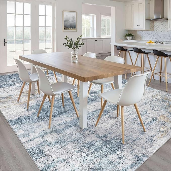 7x9 Area Rug Living Room: Washable Large Neutral Rug Abstract Soft Modern Stain Resistant Indoor Floor Non-Slip Carpet for Bedroom Nursery Kids Office Playroom Dining Room Under Table- Blue Gold