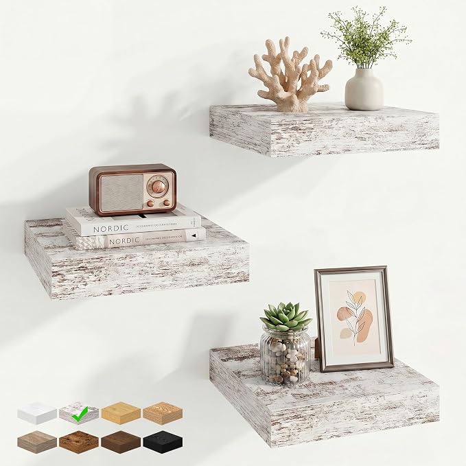 Square Floating Shelves for Wall, 10"W x 10"D x 1.25"H, 3 Packs Small Wall Mounted Engineered Wood Shelves with Invisible Brackets for Living Room, Bedroom, Bathroom, Kitchen Decor, Vintage White