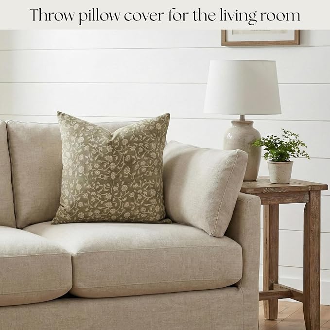 Linen Throw Pillow Covers 20x20 inch Floral Pillows Green Spring Decorative Pillow Covers for Living Room, Bedroom
