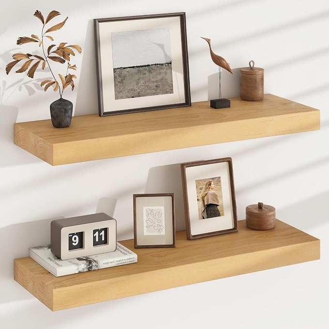 Floating Shelves for Wall, USA-Sourced Brich Wood 30 Inch Wall Shelves Set of 2, Natural Wooden Mounted Picture Ledge Shelf, Nursery Book Storage Shelf Kids Bookshelf Display, Shelf for Bathroom