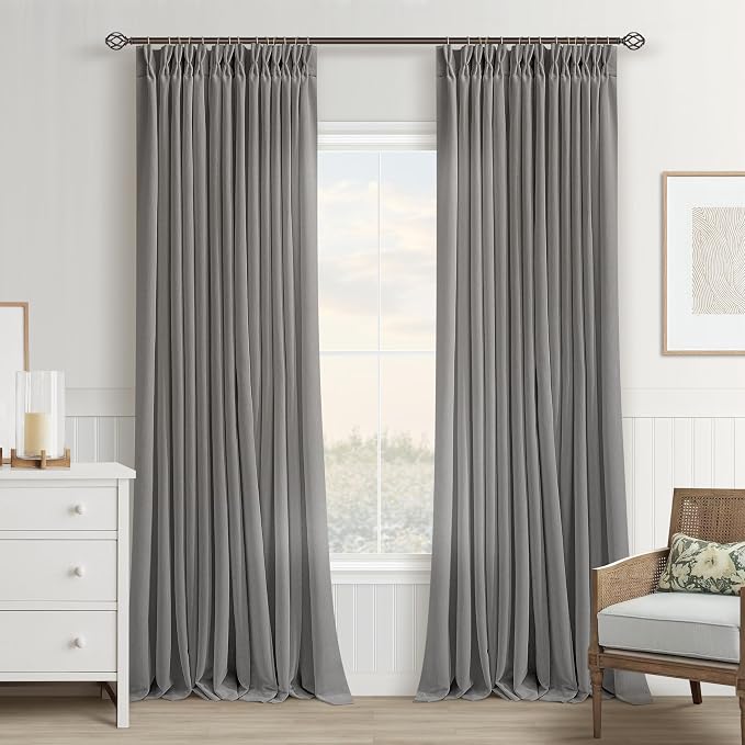 Grey Linen Curtains 96 Inches Long Memory Shape Trained Pinch Pleated Curtain for Living Room with Hooks Rings Back Tab Pinch Pleat Curtains 96 Inch Length for Boho Bedroom Dining Room Dove Gray