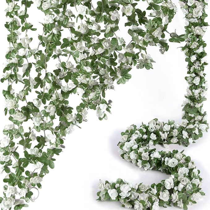 PONKING 8 Pcs x 8.2 ft Flower Garland Artificial Rose Vine Flowers with Green Leaves Hanging Fake Roses Vine for Room Party Home Wedding Birthday Christmas Wall Arch Decor, Spring White Flower