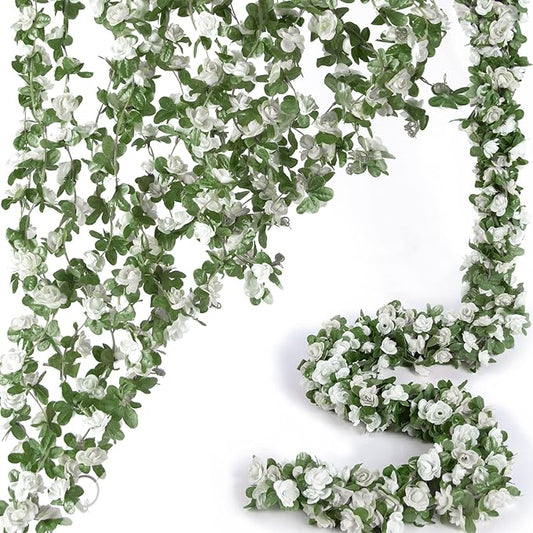 PONKING 8 Pcs x 8.2 ft Flower Garland Artificial Rose Vine Flowers with Green Leaves Hanging Fake Roses Vine for Room Party Home Wedding Birthday Christmas Wall Arch Decor, Spring White Flower