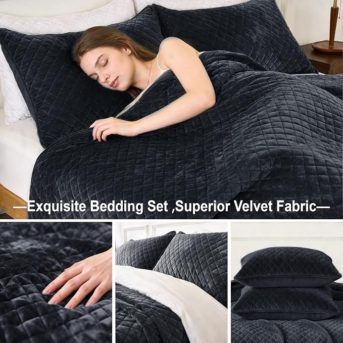 Velvet King Quilt Size Set 98x106 Luxury Ultra Soft Bedspread Coverlet 3-Piece King Comforter Sets with 2 Pillow Shams 20x36 Super Cozy for All Seasons Velvet Bedding Set, Blue Gray