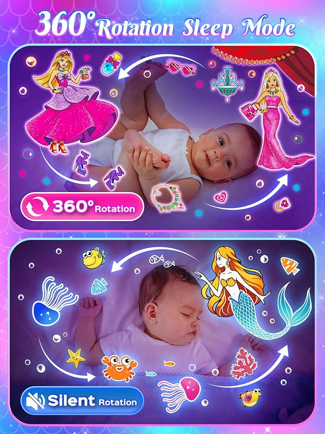Little Mermaid Toys, 15 Soothing Sounds+18 Films+378 Colors Kids Night Light Projector, 360°+Remote+Cordless+Pink Mermaid Birthday Gifts for Girls, Princess Toys Princess Room Decor[Dreamy Packaging]