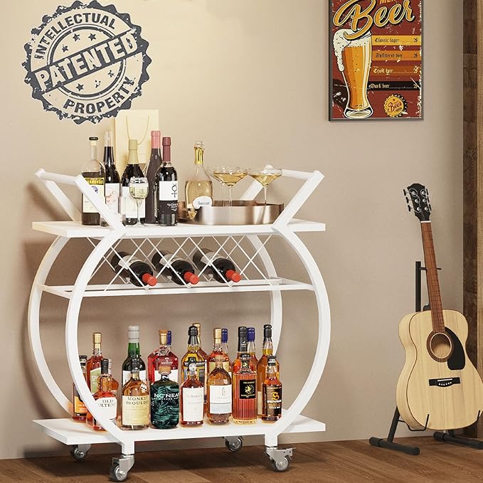 LVB White Bar Cart, Modern Rolling Serving Wine Cart with Storage, Industrial Wood Metal Kitchen Island Beverage Cart with Wheels, Microwave Drink Liquor Cart Table for Home Dining Living, White Oak