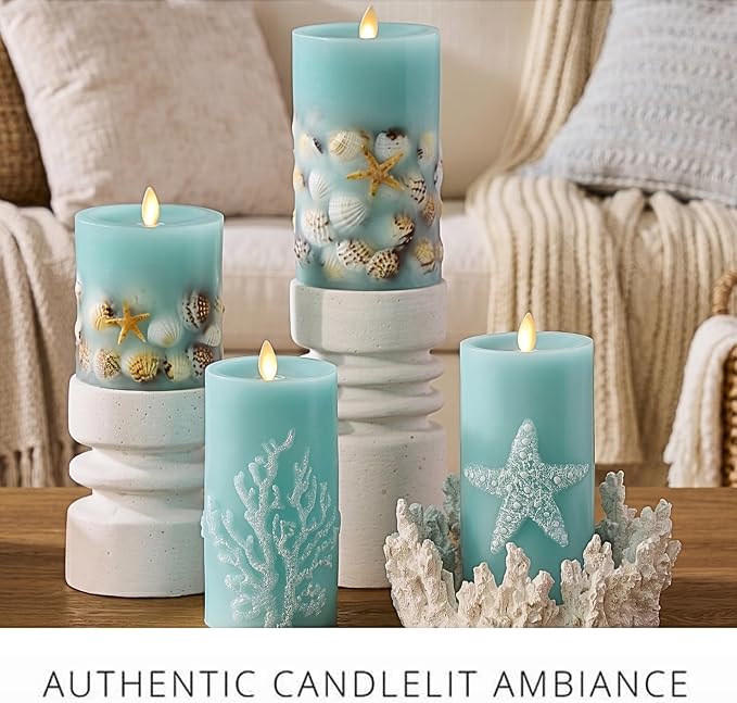 Luminara Flameless LED Candle Soft Teal Embedded Seashell & Starfish Moving Flame Pillar Unscented Real Wax with Recessed Edge, Timer (4.5-inch)