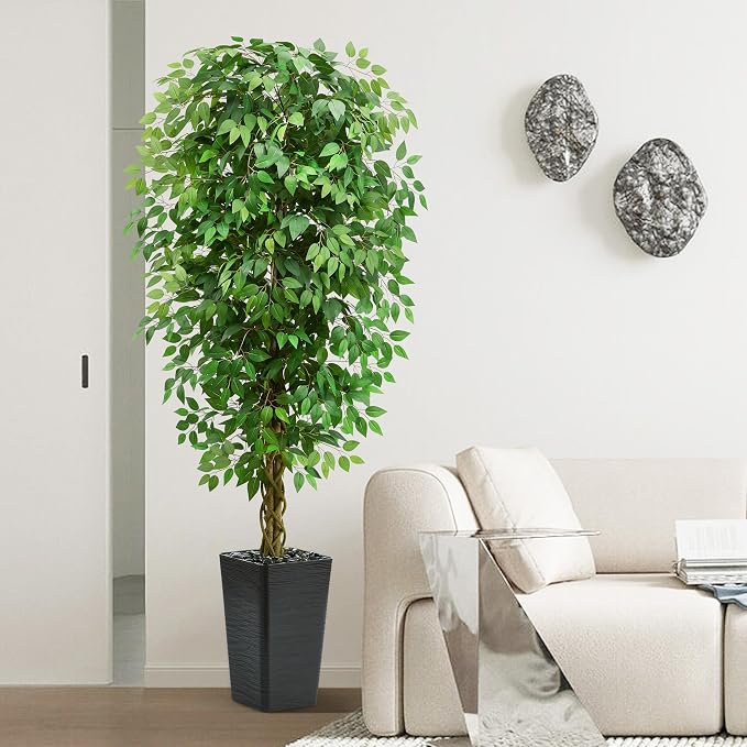 7FT Artificial Ficus Tree, 84 Inch Realistic Faux Silk Ficus Floor Plant with Black Planter & Pebbles, Tall Fake Potted Tree for Indoor Home Office Living Room Corner Decor