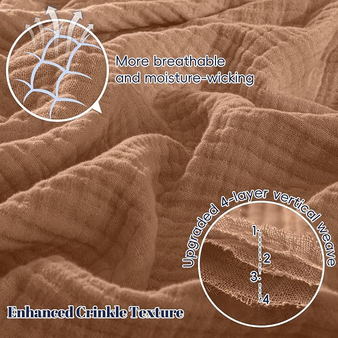 PHF 100% Cotton Muslin Blanket Queen Size 90"x90", 4-Layer Lightweight Gauze Throw, Breathable Cloud-Soft Minimalist Blanket for Bed, Couch, Camping & Baby, Clay, Ideal Gift