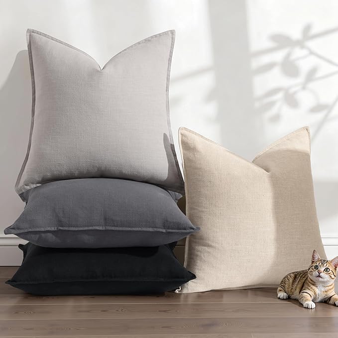 decorUhome Summer Decorative Linen Throw Pillow Covers 12x20 Inch Set of 2 Black Lumbar Pillow Covers with Flange Edges Soft Farmhouse Boho Accent Pillow Cases for Couch Bed Living Room