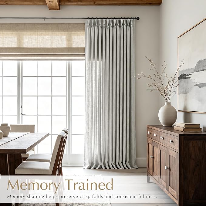 90 Inch Long Pleated Linen Curtains 2 Panel Set for Living Room Grey Triple Pinch Pleat Curtain Memory Trained with Hook Farmhouse Rustic Canvas Textured Light Filtering Pleated Drapes 90 inch Length