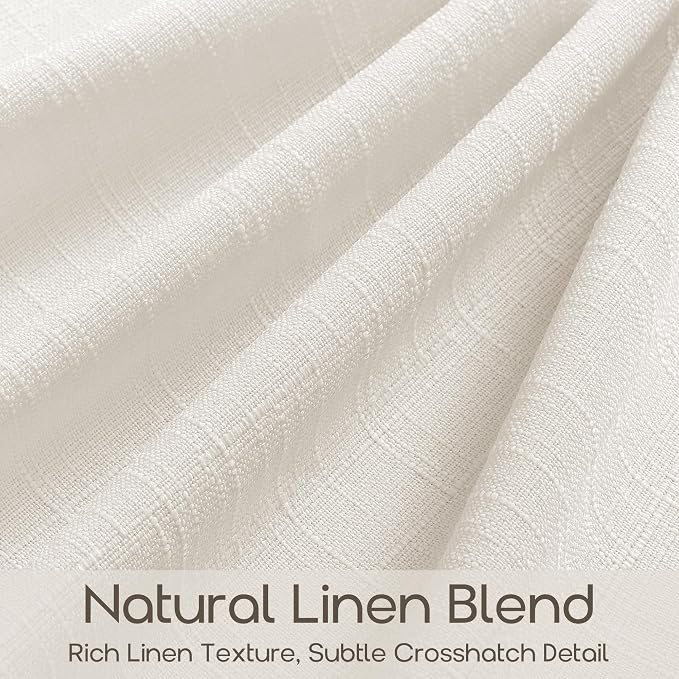 90 Inches Natural Pleated Linen Curtains for Living Room Light Filtering Boho Memory Trained Privacy Beige White Thick Linen Curtains with Back Tab Neutral Semi Sheer Pleat Bedroom Drapes 2 Panels