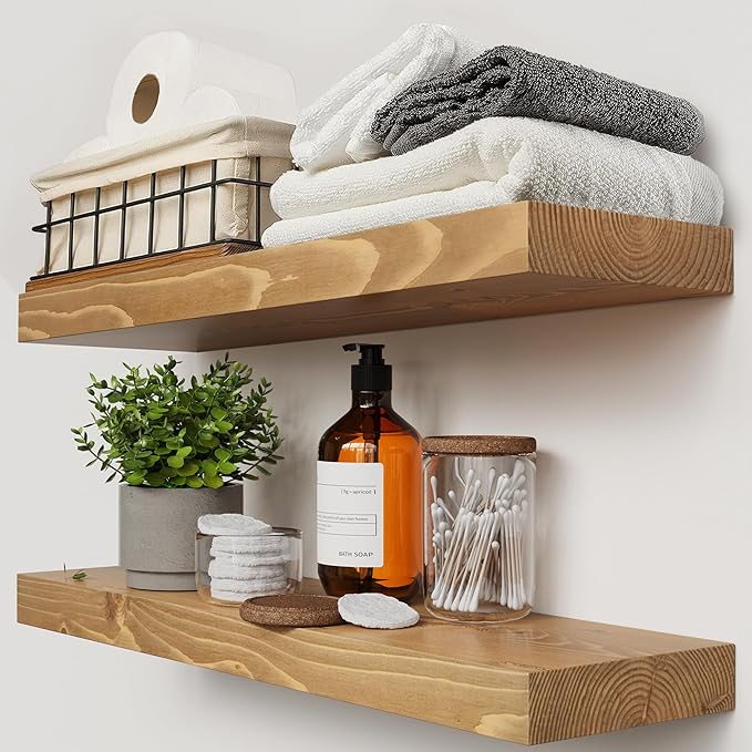 Natural Wood Floating Shelves for Wall 24 inch Oak, Wooden Bathroom Shelf | Solid Wood, Wall Mounted, Kitchen Bedroom Living Room, Rustic Farmhouse, Oak Finish, 24 x 6.7 Inch, Set of 2