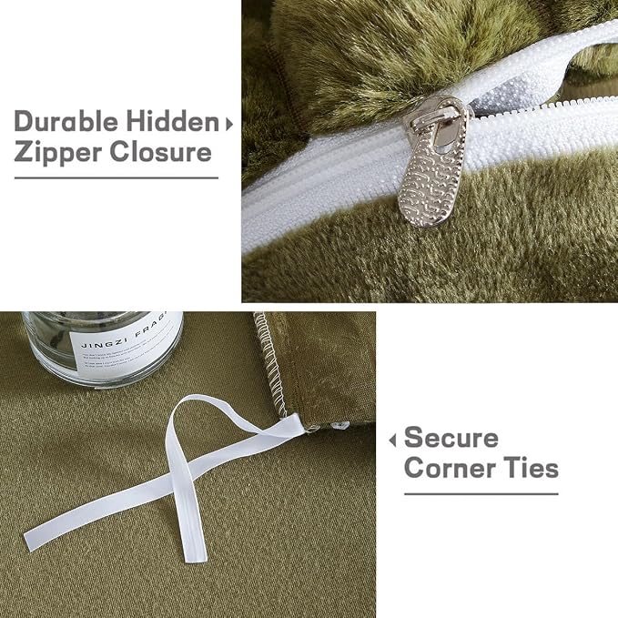 Nayoroom Fluffy Faux Fur Duvet Cover Queen Size Velvet Flannel Olive Green Striped Reversible Comforter Cover Winter Warm 3 Pcs Luxury Soft Shaggy Plush Fuzzy Bedding Set with Zipper Closure