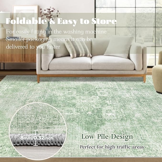 Area Rug 8x10 Washable Rug, Vintage Boho Medallion Rugs Non-Slip Soft Low Pile Large Distressed Rug Indoor Retro Carpet for Living Room Bedroom Dining Room Home Office (SageGreen, 8'x10')