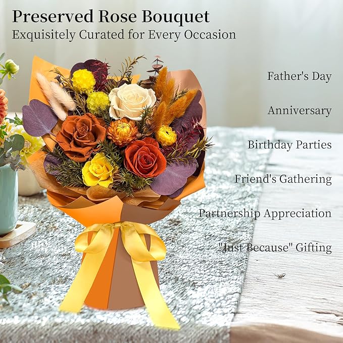 FNCHAI Flowers for Delivery, Vibrant Orange Preserved Flowers Bouquet with Greeting Card, Ideal for Birthday, Friend Gatherings, Corporate Events, Thanksgiving Surprises(Orange)