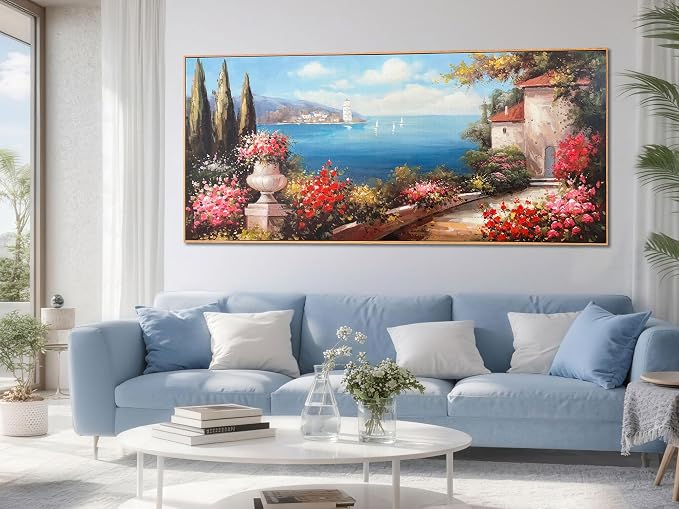 Arjun Blue Coastal Wall Art Canvas Textured Extra Large Framed 71"L x 32"W | Landscape Hand Painted Seascape Painting Bedroom Living Room Ocean Picture Artwork Home Office Wall Decor