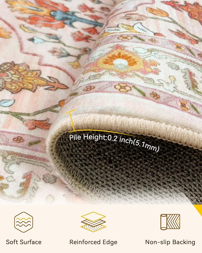 RELEANY Area Rugs 8ft Washable Non-Slip, Floral Vintage Distress Print Pattern Medallion Carpet for Living Room Bedroom Dining Room, Light Pink Colorful