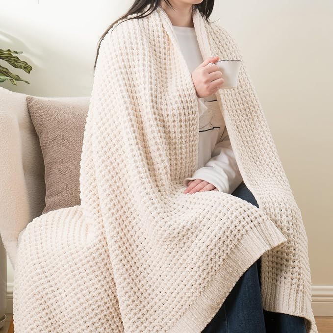 Bunnikins & Clover Cream White Throw Blanket for Couch, Waffle Ivory Throw Blanket for Bed, Warm Decorative White Blanket Throw for Home Decor, 50"x60"