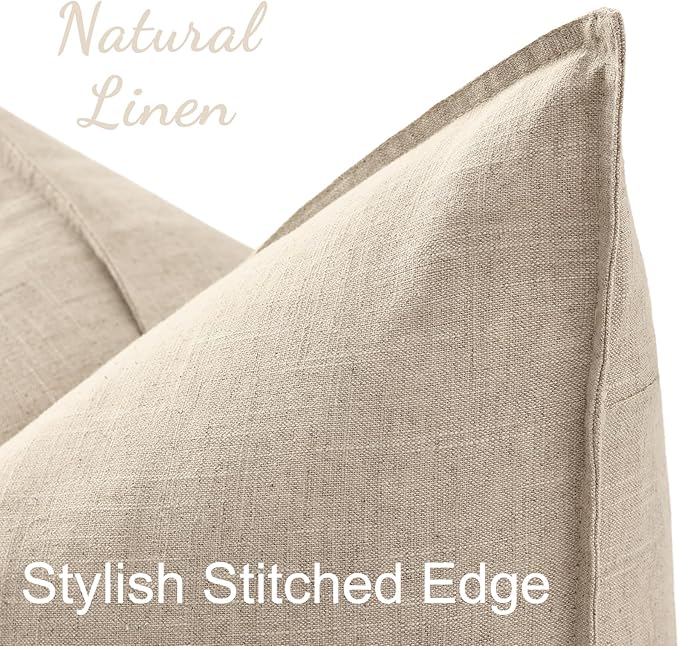 decorUhome Summer Decorative Linen Euro Sham Throw Pillow Covers 24x24 Inch Set of 2 Natural Beige Pillow Covers with Flange Edges Soft Farmhouse Boho Accent Pillow Cases for Couch Bed Living Room