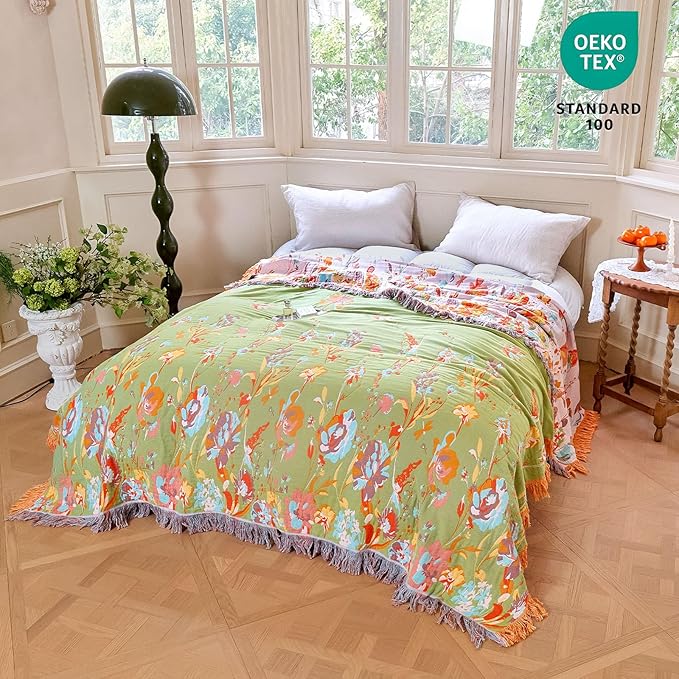 MSGKV Boho Throw Blanket 90"x108" Floral 100% Cotton Blanket with Flower and Butterfly for Bed Summer Breathable Lightweight Farmhouse King Blankets Home Decor Muslin