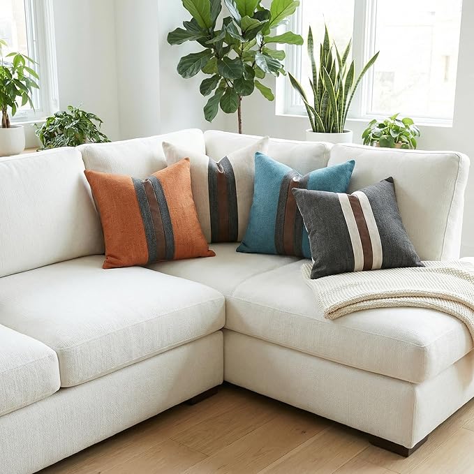 BOYSUM Set of 2 Leather Throw Pillow Covers Cotton Linen Decor Patchwork Pillow Cover Faux Leather Pillows Cover for Couch Sofa Living Room Bedroom,Orange 20"x20"