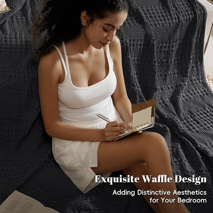 PHF 100% Cotton Waffle Blanket King Size for Bed, Lightweight Breathable and Soft for Summer, Luxury Aesthetic Waffle Weave Blanket for Home Decor & Gifts for Women, 108"x90", Black