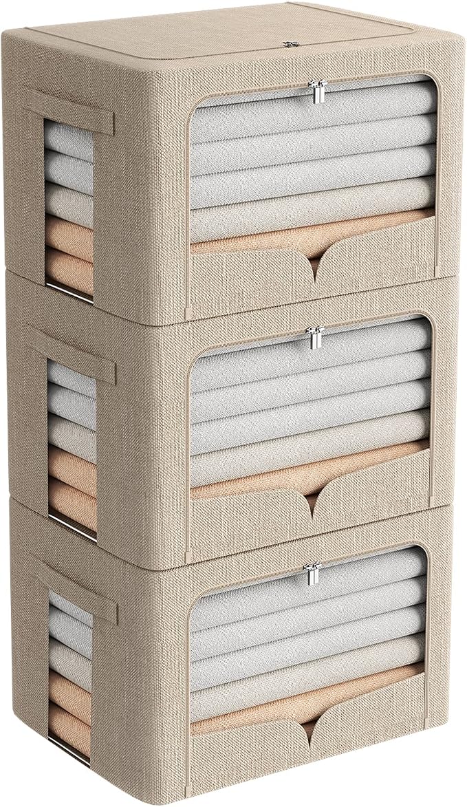 FHSQX 3 Pack Clothes Storage Bins Foldable Metal Frame Storage Box Stackable Linen Fabric Organizer Set with Carrying Handles and Clear Window (Beige, 15.7x11.8x11.8inch(36L))