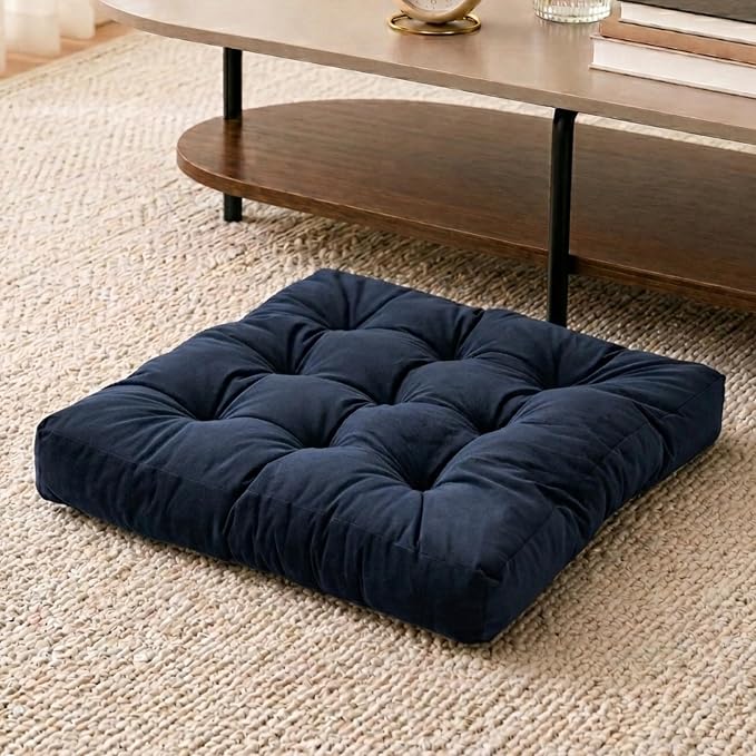 Floor Pillow for Adults, Soft Velvet Floor Cushion for Sitting, Single Square Tufted Floor Pillow for Reading Nook, Living Room, Bedroom, 22 x 22 Inch, Navy