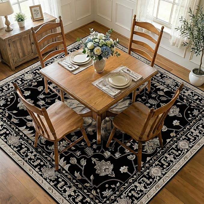 RELEANY Area Rugs Square 7ft Washable Non-Slip, Floral Vintage Distress Print Pattern Medallion Carpet for Living Room Bedroom Dining Room, Black Brown Neutral Dark Tan