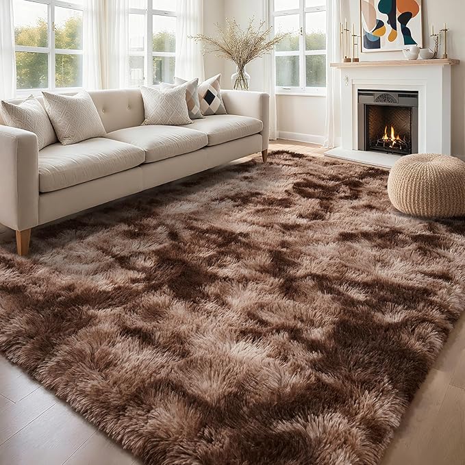 AROGAN Shag Brown Area Rug for Living Room, 5x8 Feet Washable Non-Slip Modern Indoor Floor Carpet, Plush Memory Foam Beside Rug for Kids Girls Teens Room Low Pile Decor, Coffee