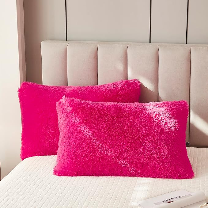 Faux Fur Velvet Fluffy Bedding Duvet Cover Set Down Comforter Quilt Cover with Pillow Sham, Ultra Soft Warm (Twin, Hot Pink)