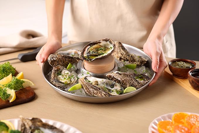 Zyliss Shucker Paddy Oyster Tray Set, 2-in-1 Stainless Steel Oyster Shucking & Serving Tray with Wooden Puck, Holds 24 Oysters, Oven Safe Seafood Platter