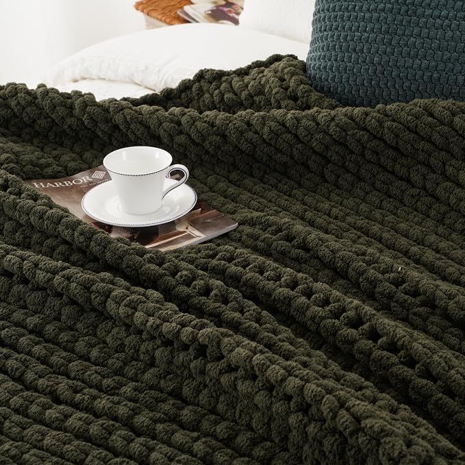 Battilo Olive Green Chunky Knit Throw Blanket, Soft and Thick Green Chenille Throw Blanket, 50"x60" Handmade Cable Knit Crochet Blanket, Rope Knot Knitted Throw Blankets for Couch Sofa Home Decor