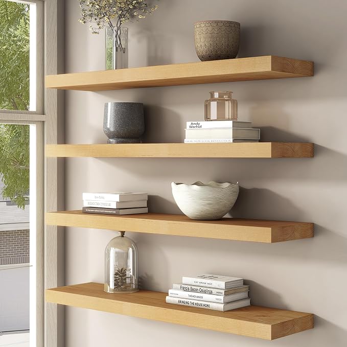 FLYJOE Floating Shelves for Wall, USA-Sourced Brich Wood 55 Inch Long Wall Shelves, Natural Wooden Mounted Picture Ledge Shelf, Nursery Book Storage Shelf Kids Bookshelf, Display Shelf for Bathroom