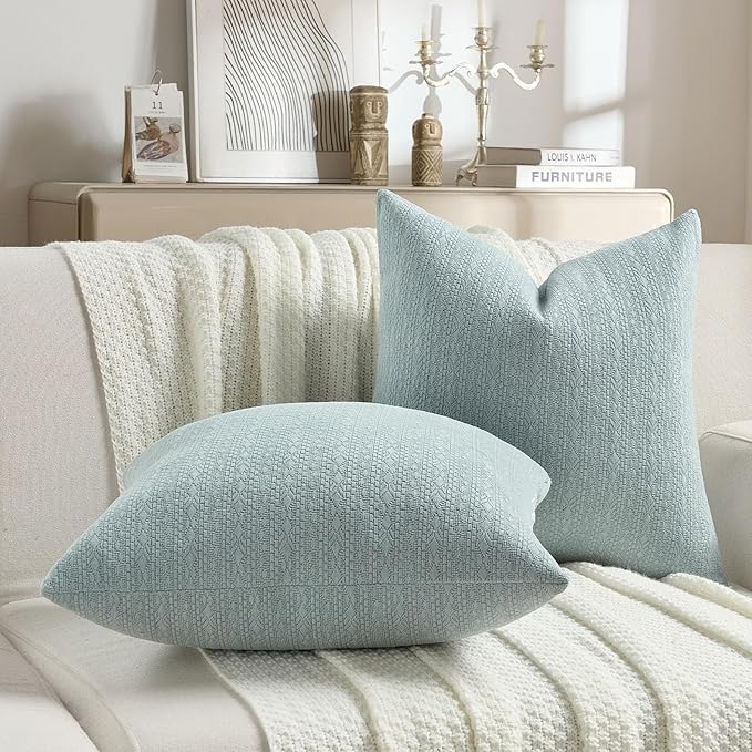 FUTEI Dusty Blue Chenille Throw Pillow Covers 12x20 Inch Set of 2,Soft Striped & Diamond Textured Lumbar Pillow Cases,Modern Home Decor for Couch Living Room