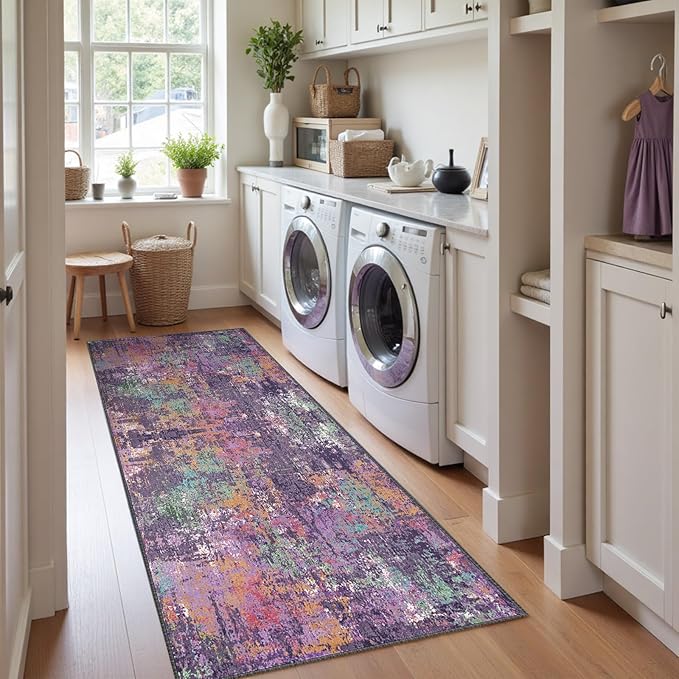 RELEANY Washable Area Rugs 2'x10' Non-Slip Modern Abstract Soft for Living Room Entryway Bedroom Nursery, Print Pattern, Purple Orange Blue Green Rust Red Colorful