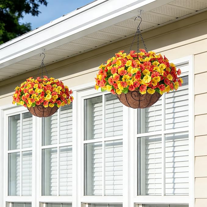 Ammyoo Artificial Hanging Flowers with Basket, Faux Silk Petunias Flower Arrangement, Coconut Lining with Morning Glories Fake Plants Patio Garden Porch Deck Fall Decor(Orange Yellow)